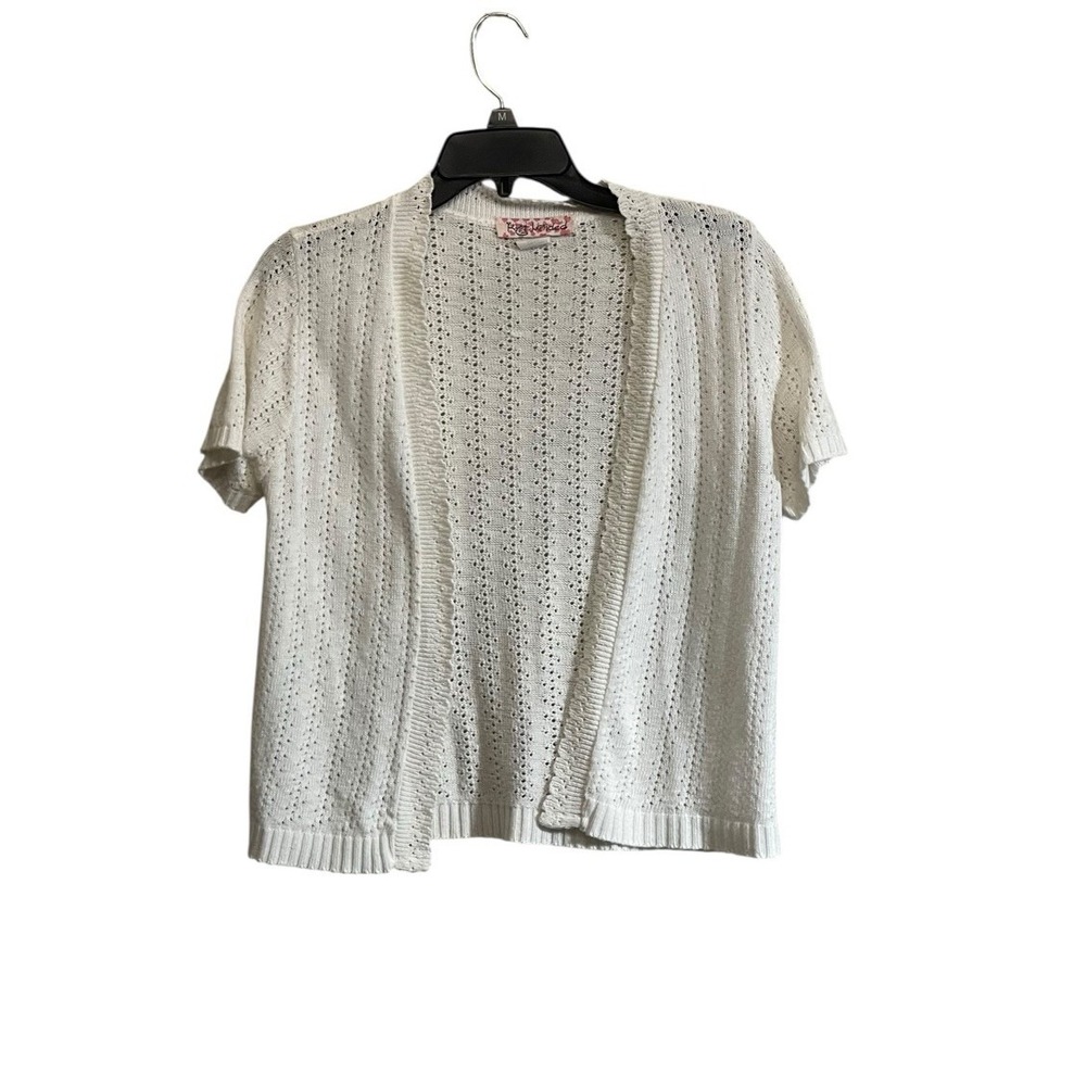 Vintage Granny Knit Cardigan Sweater Open White Top Cottagecore USA Med